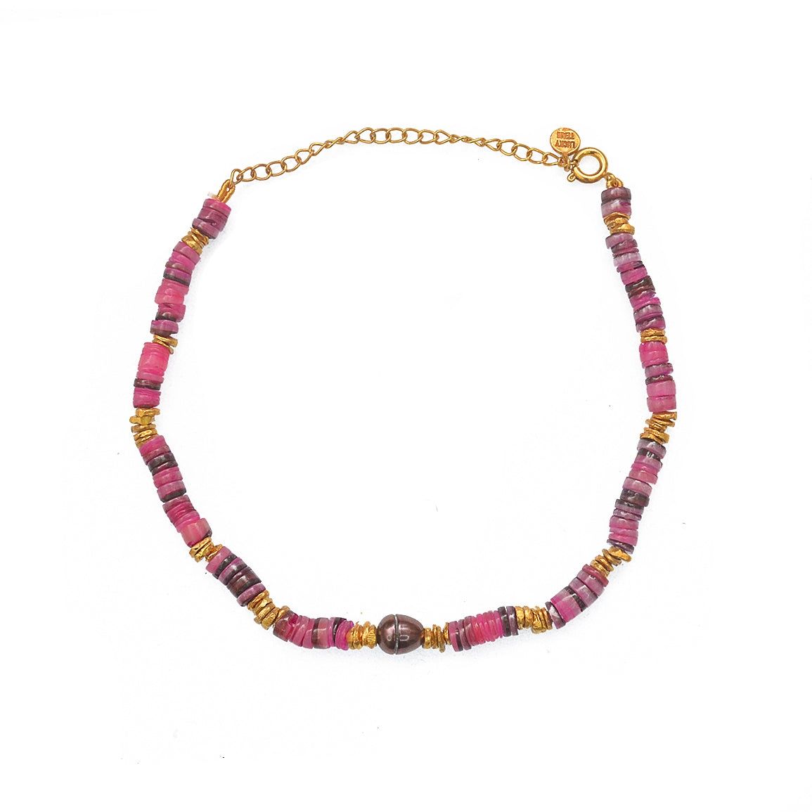 Bracelet de cheville doré coquillages teintés roses et perle