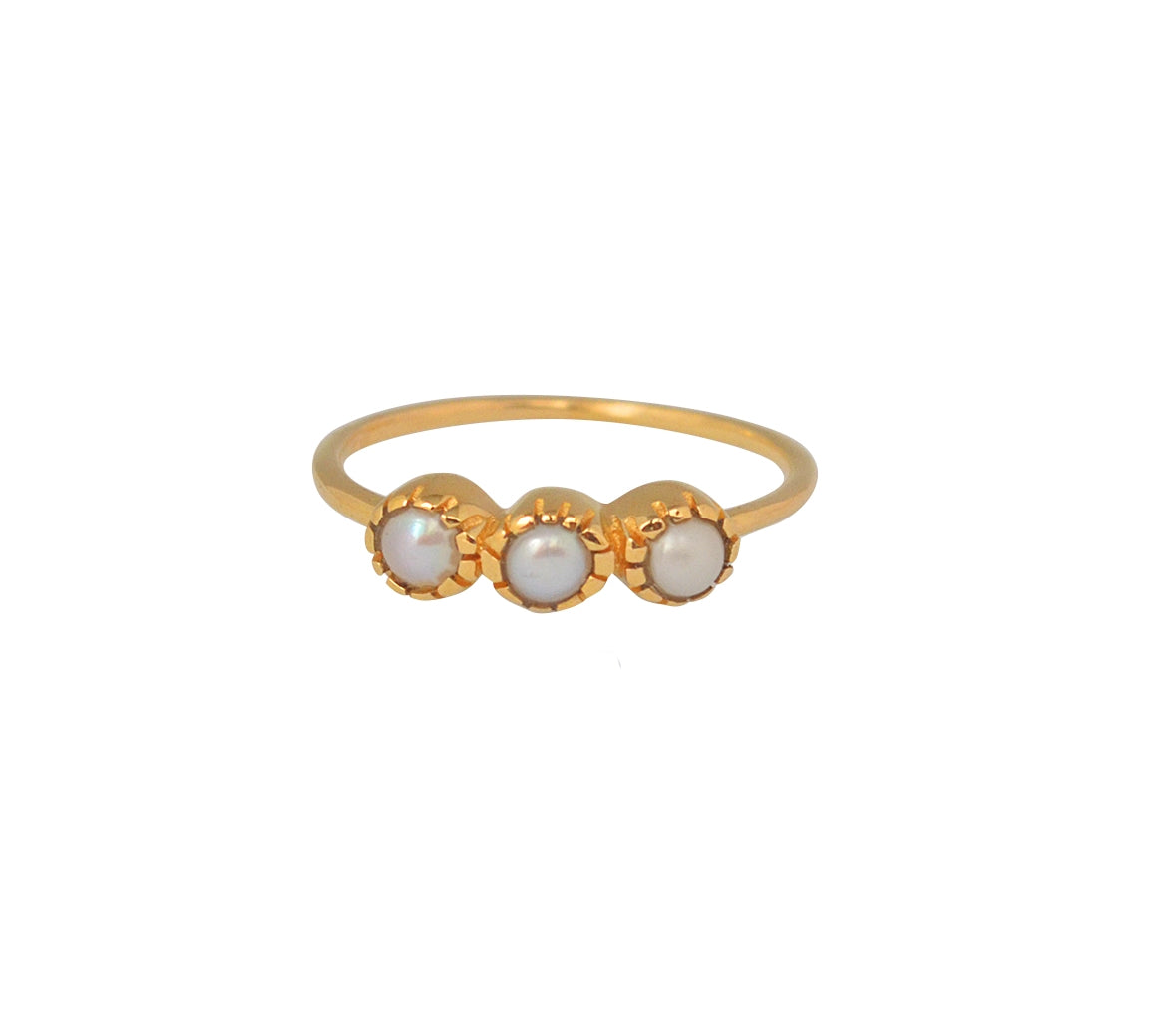 Bague dorée trilogie de pierres - 50 / PERLE DE CULTURE