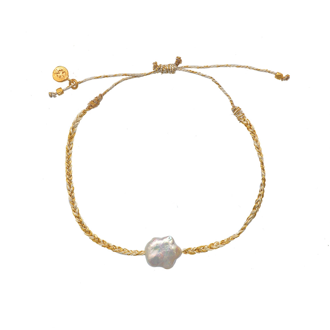 Bracelet tressé beige doré et fleur en nacre