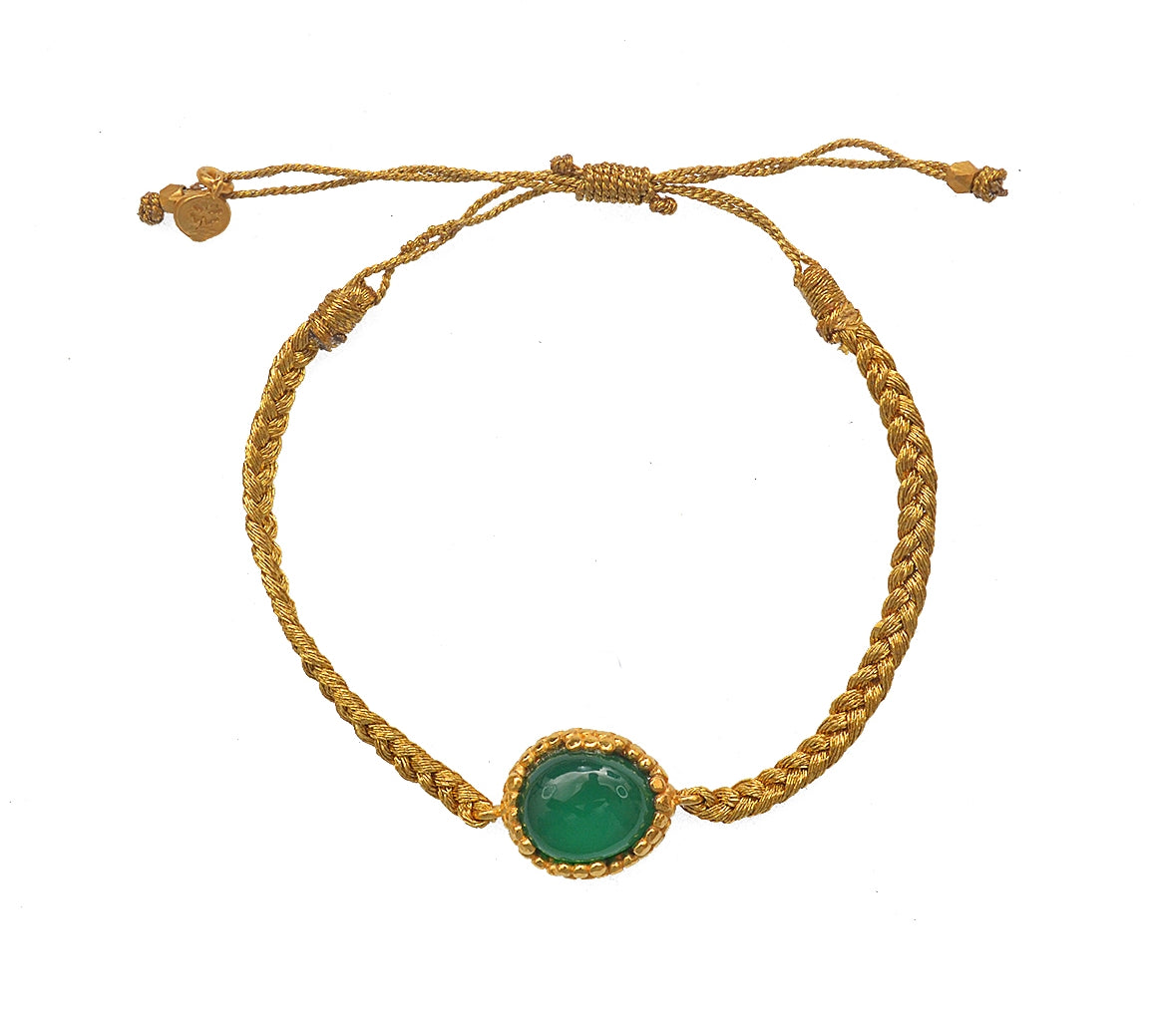 Bracelet cordon tressé doré et pierre cabochon - ONYX VERTE