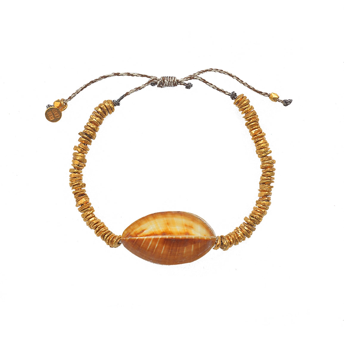 Bracelet cordon disques dorés et coquillage