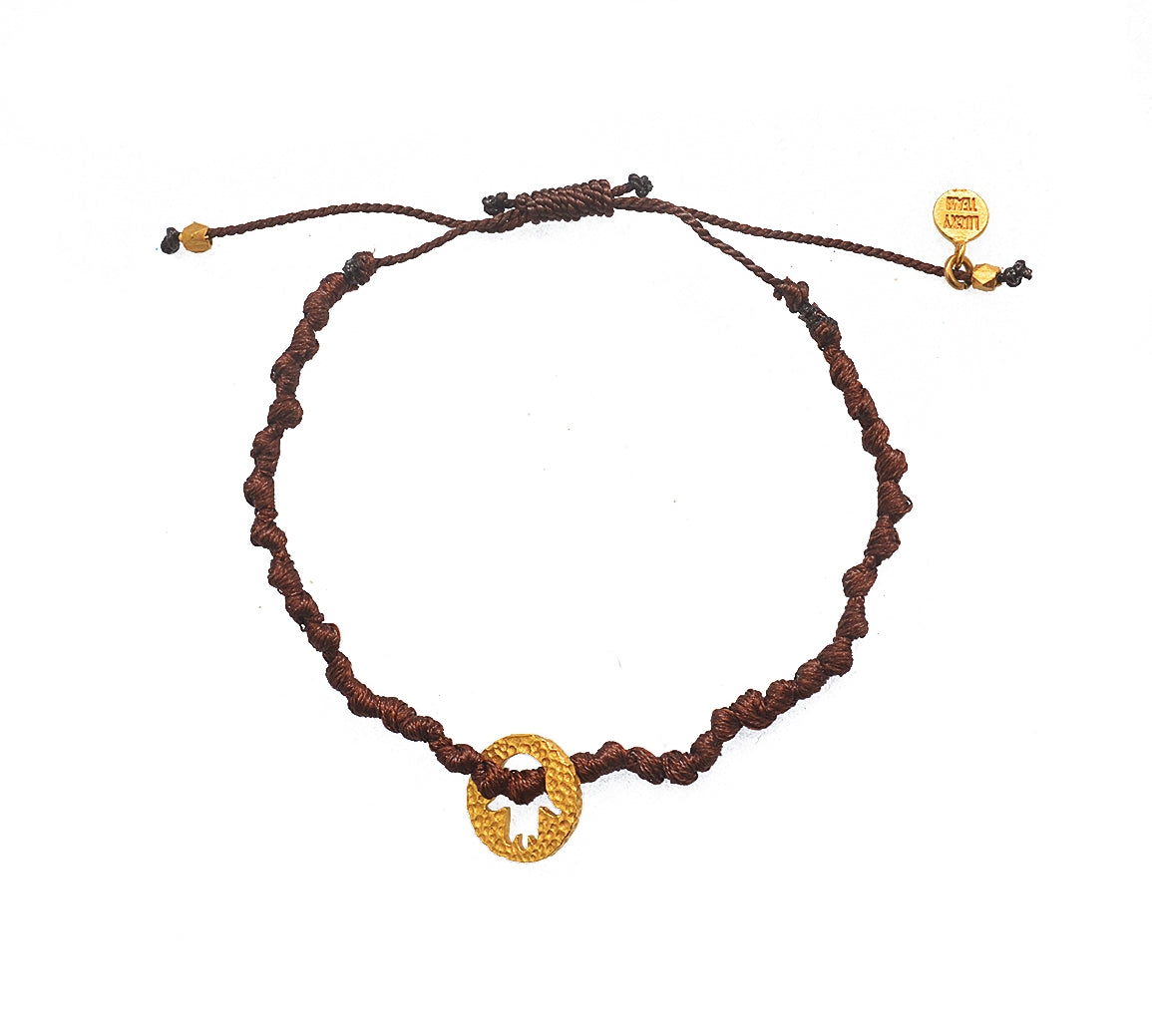 Bracelet cordon médaille martelée main de fatma dorée -