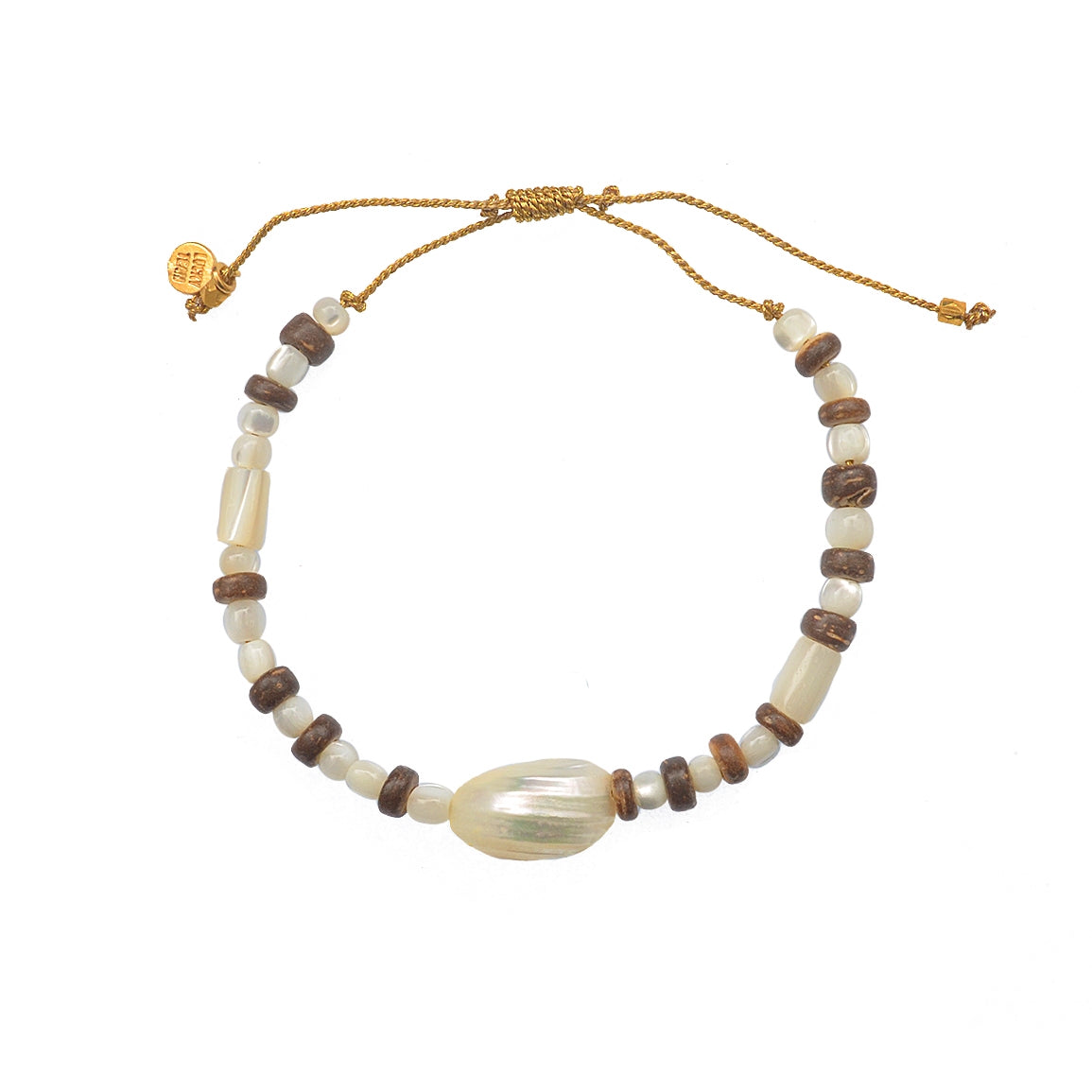 Bracelet cordon doré bois et coquillages