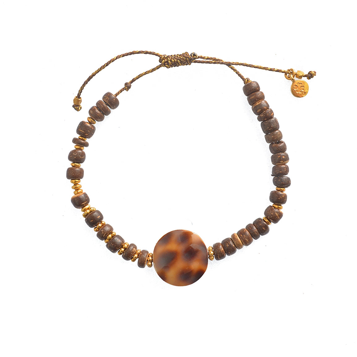 Bracelet cordon doré bois et coquillage