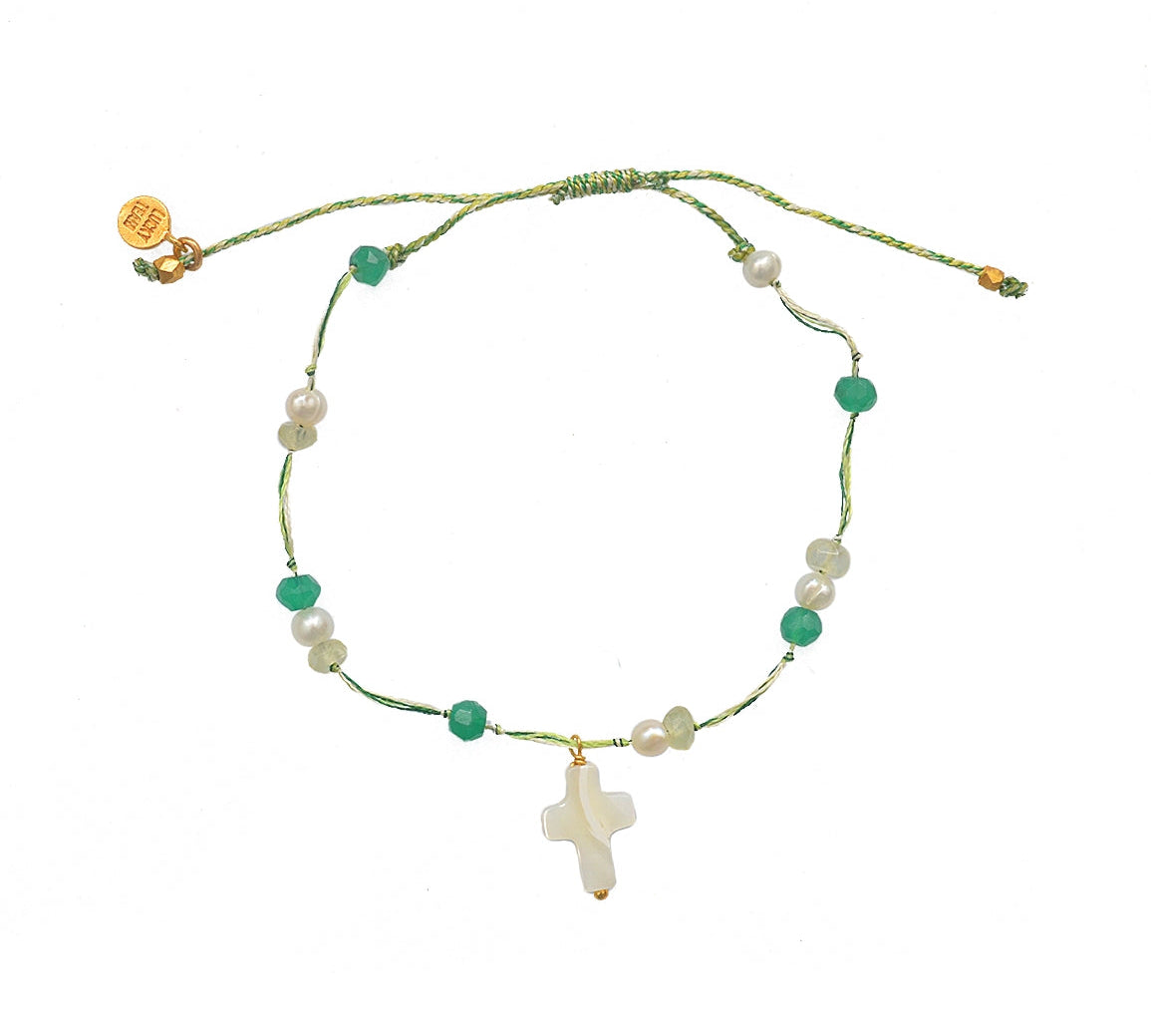 Bracelet cordon croix nacre et pierres - PERLE - ONYX VERTE