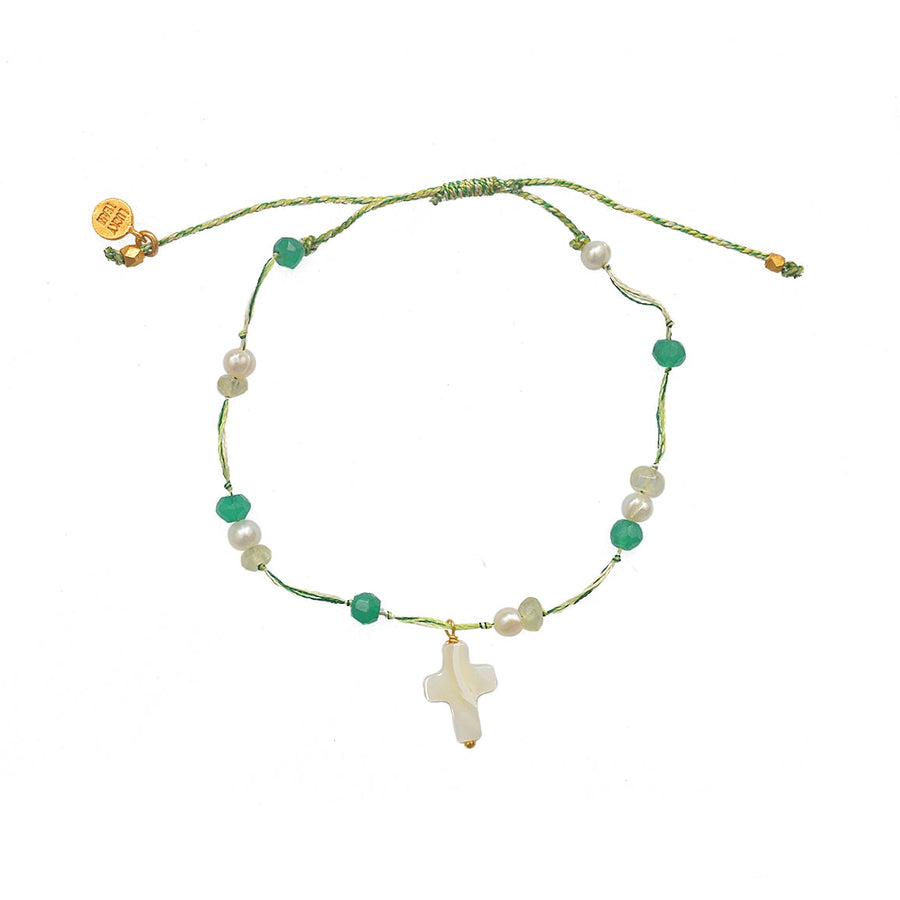 Bracelet cordon croix nacre et pierres - PERLE - ONYX VERTE