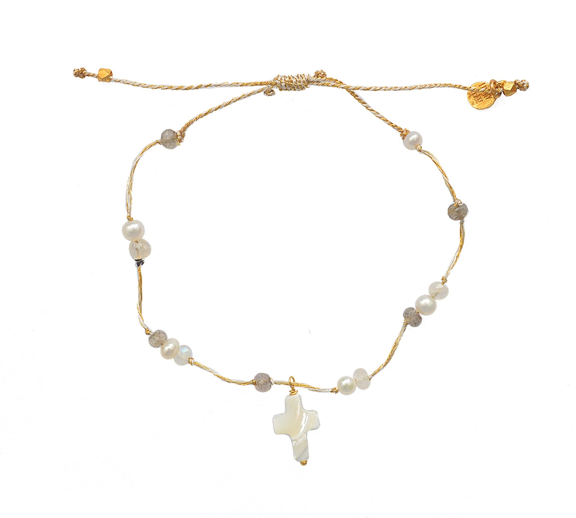 Bracelet cordon croix nacre et pierres - LABRADORITE -