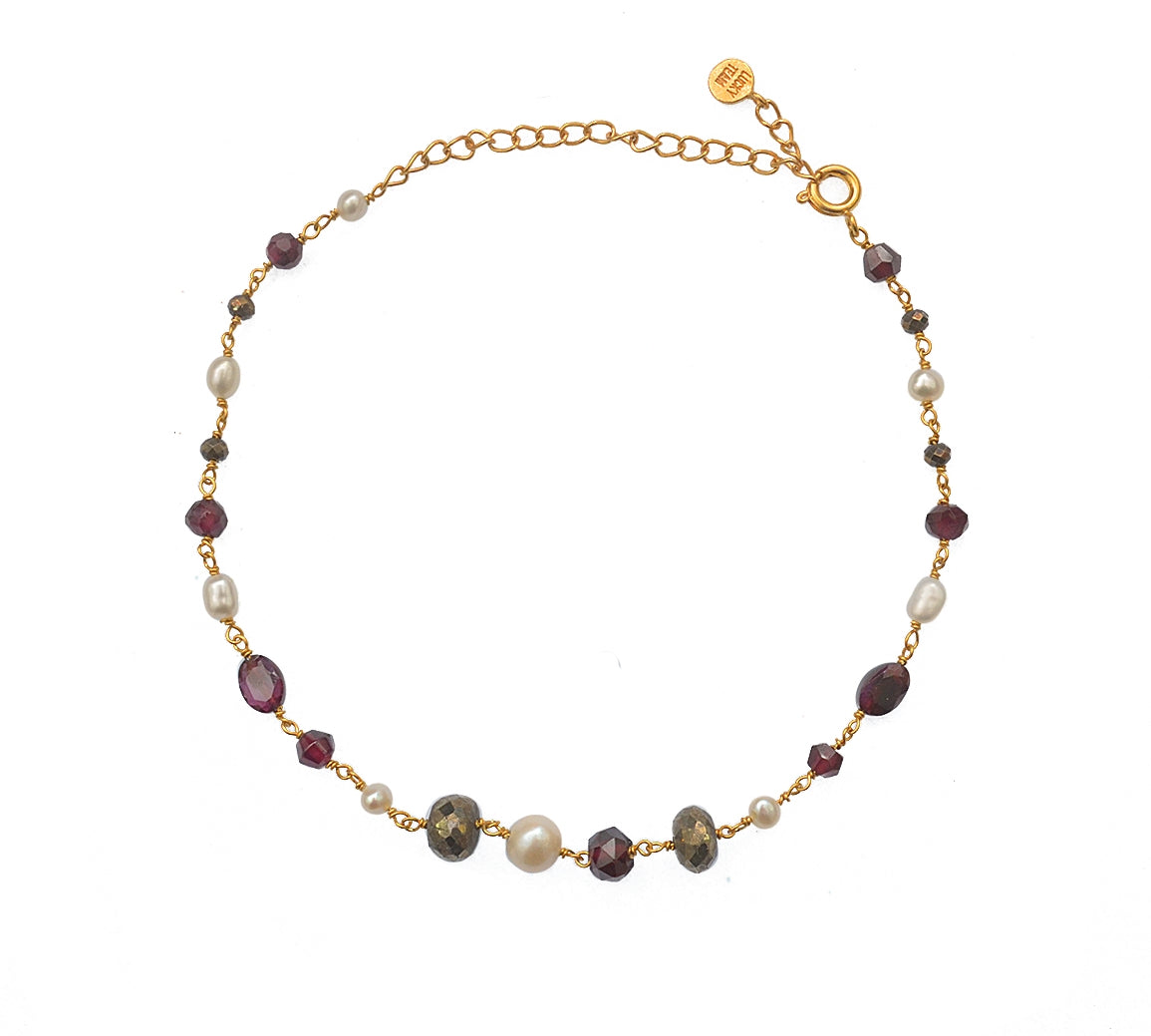 Bracelet de cheville doré et pierres - GRENAT - PYRITE GRISE