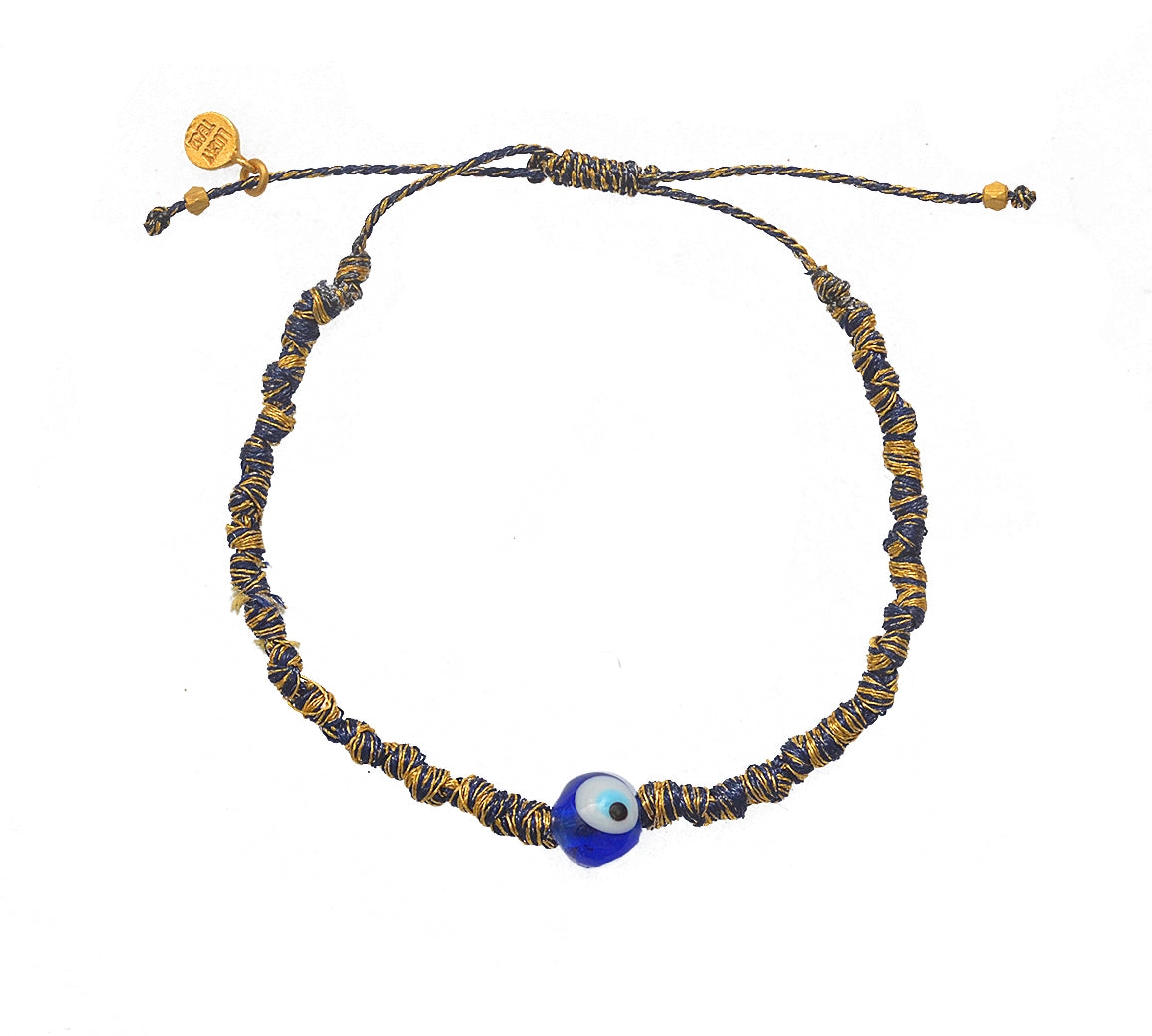 Bracelet cordon bleu marine doré et oeil