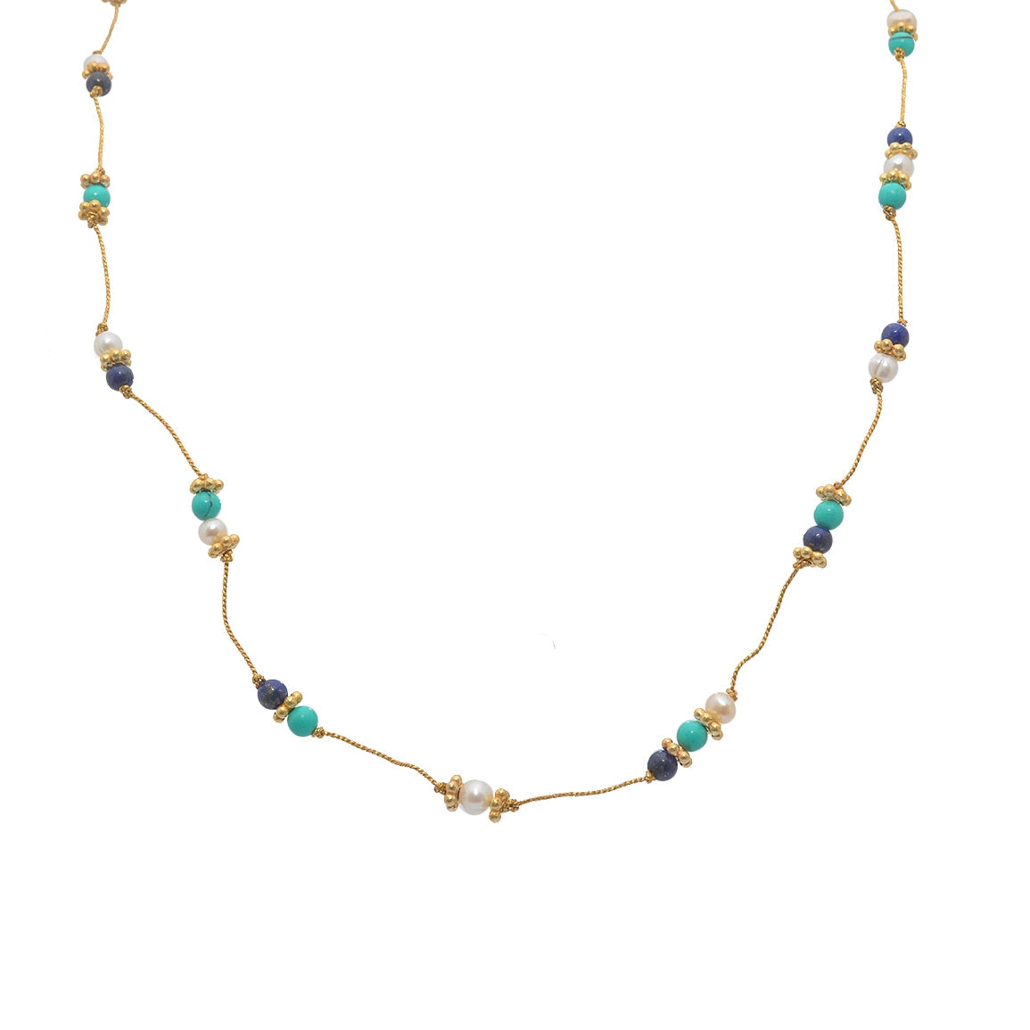 Collier doré pierres et disques dorés - LAPIS - TURQUOISE -