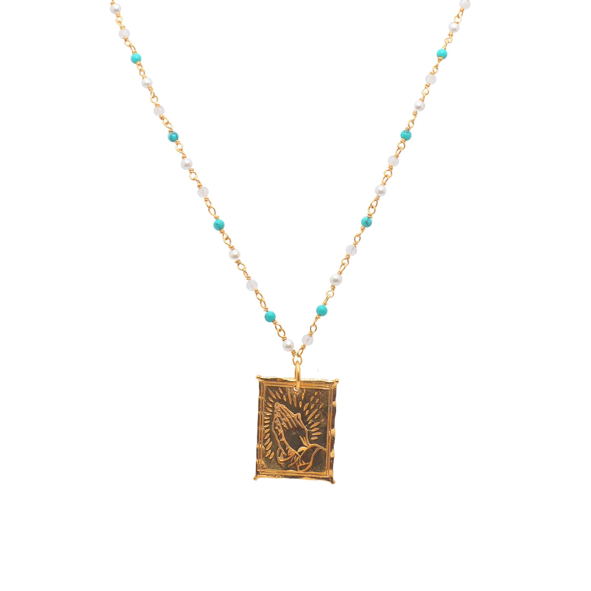 Sautoir doré pierres et plaque mains - GRENAT - TOURMALINE -