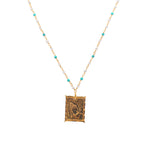 Sautoir doré pierres et plaque mains - GRENAT - TOURMALINE -