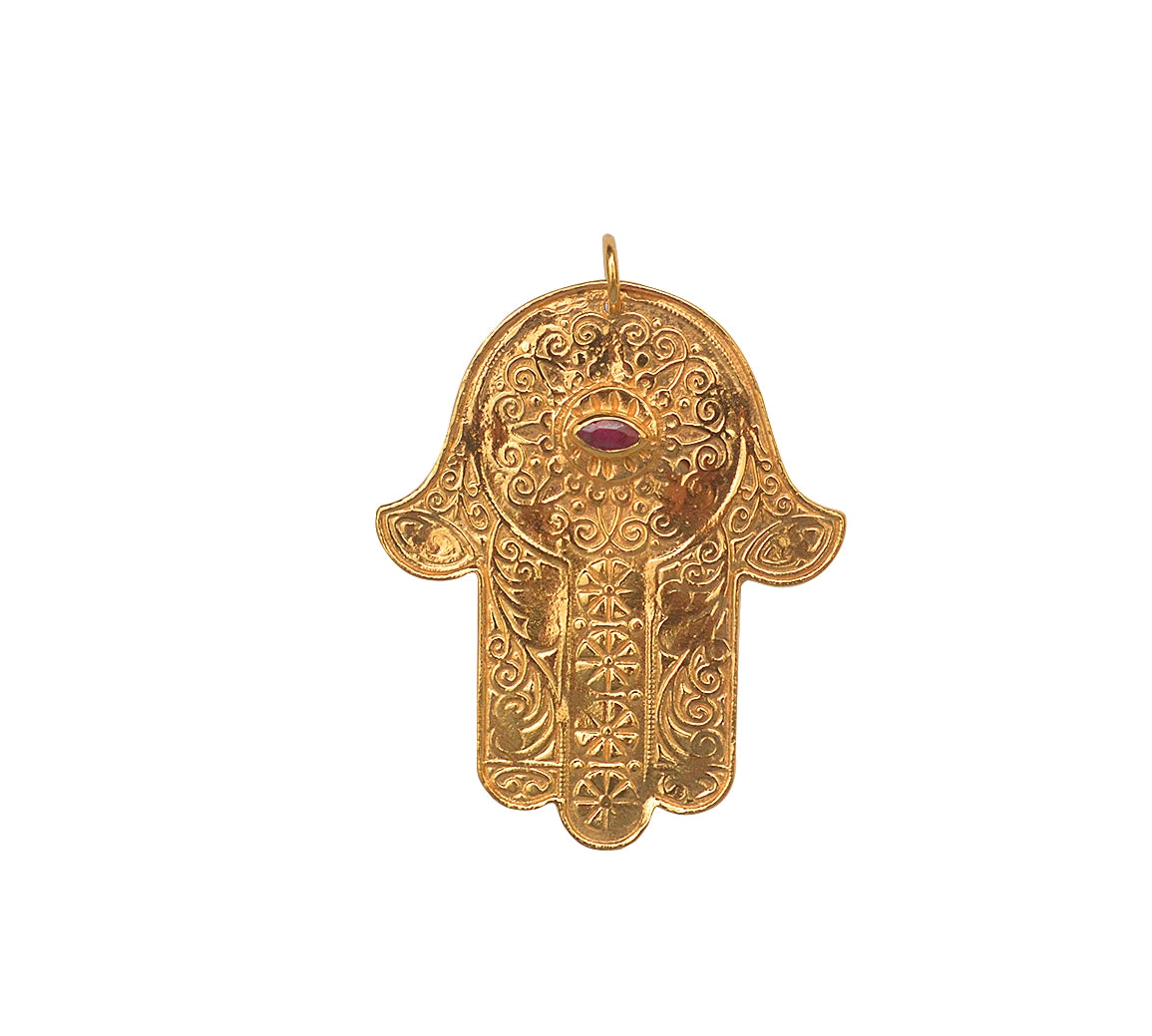 Textured hand of Fatima and stone eye gold necklace