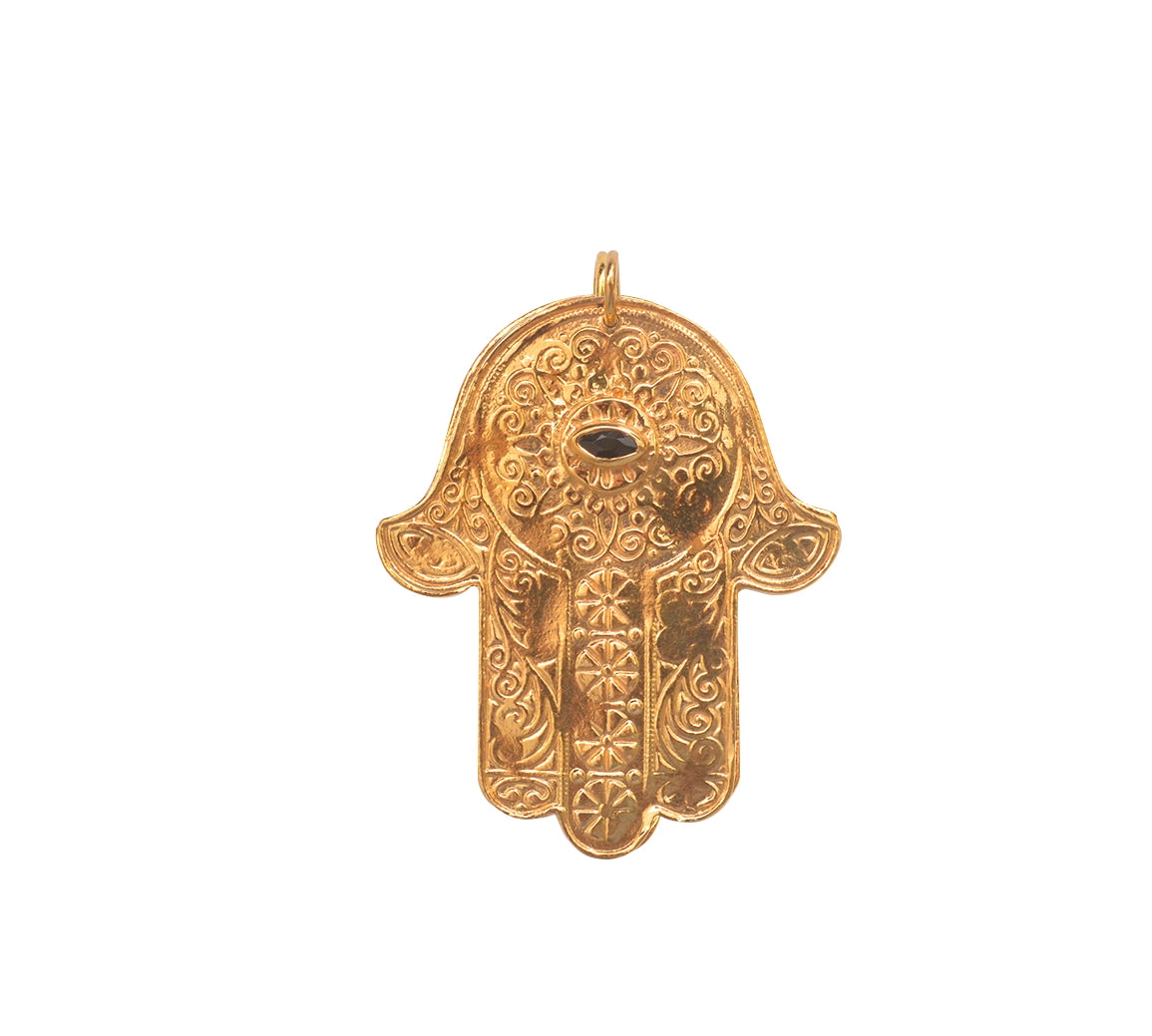 Textured hand of Fatima and stone eye gold necklace
