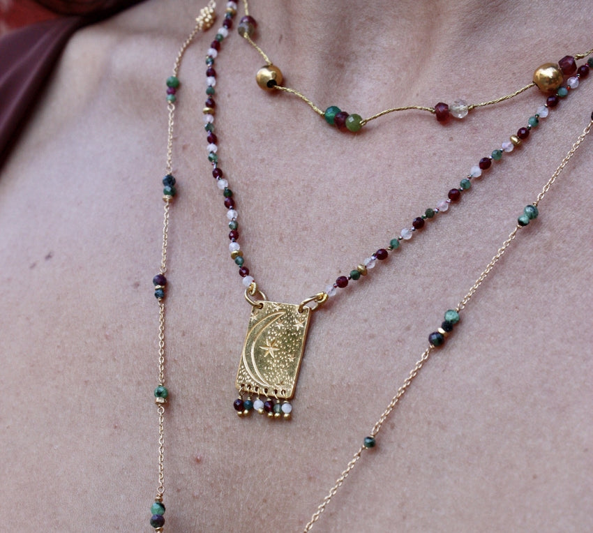 Collier cordon pierres plaque astres et pampilles - GRENAT -