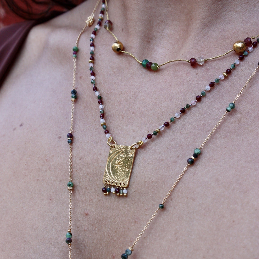 Collier cordon pierres plaque astres et pampilles - GRENAT -