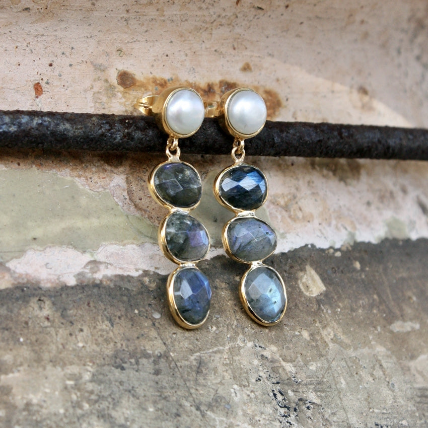 Boucles dorées 4 pierres facettées - LABRADORITE & PERLE