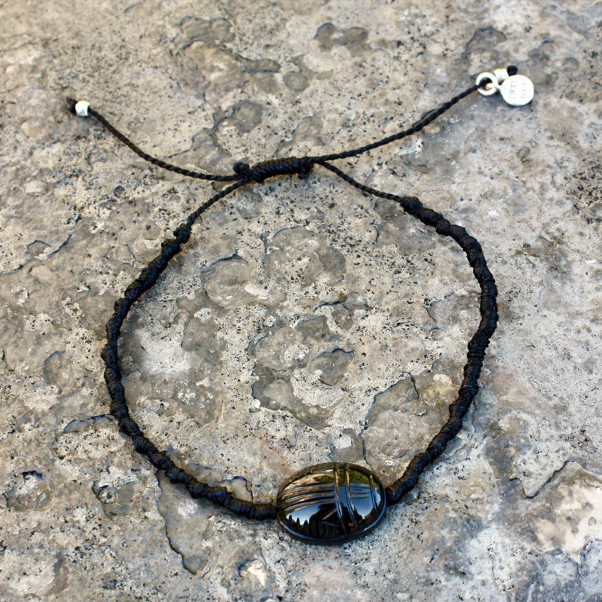 Bracelet cordon scarabée pierre naturelle - ONYX NOIRE