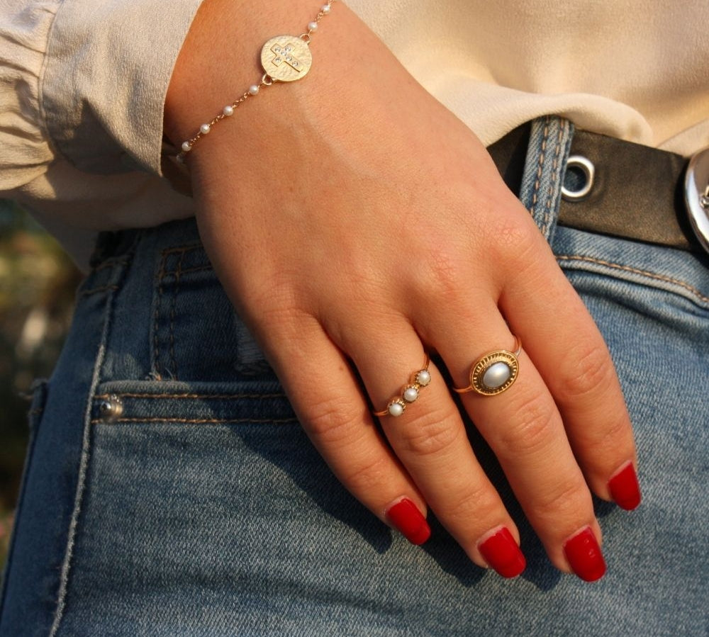 Bague dorée trilogie de pierres - 52 / PERLE DE CULTURE