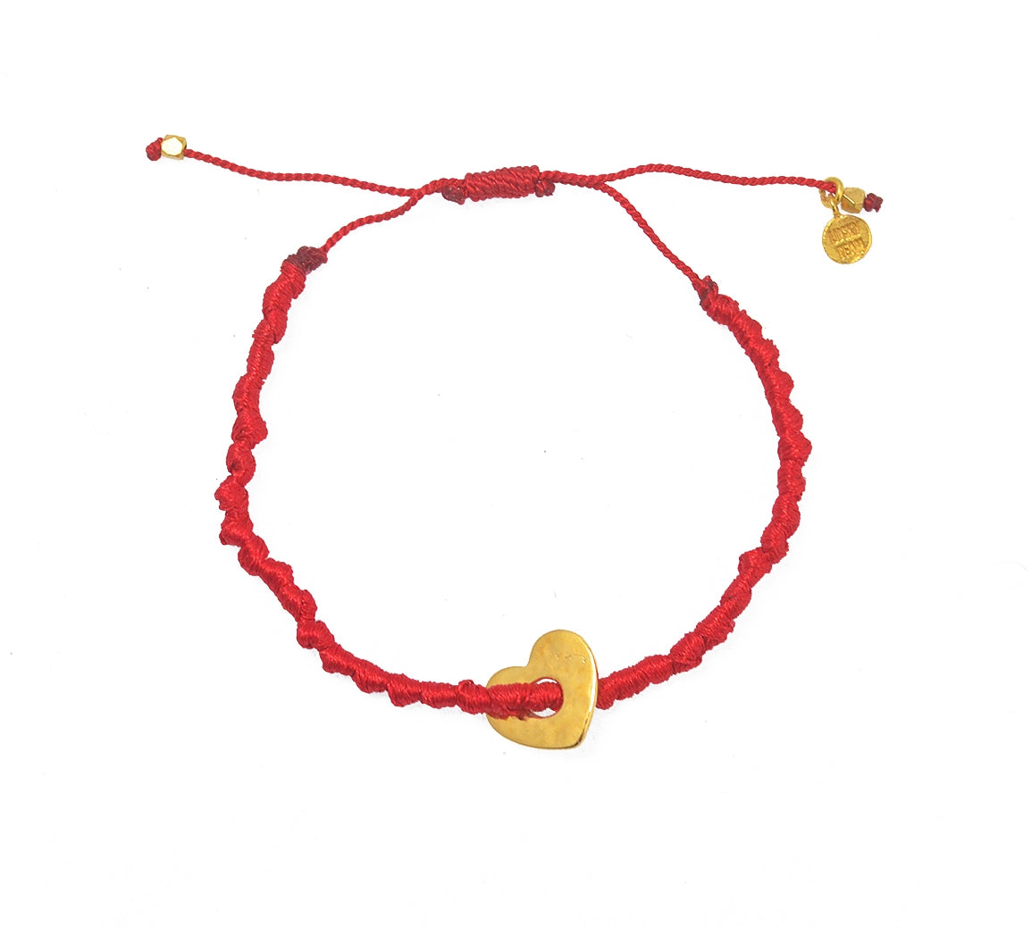 Bracelet cordon et coeur martelé - ROUGE