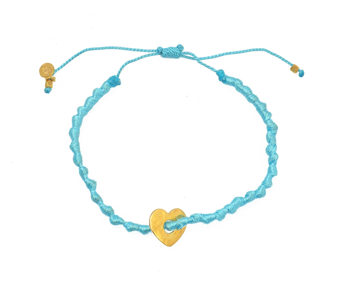 Bracelet cordon et coeur martelé - TURQUOISE