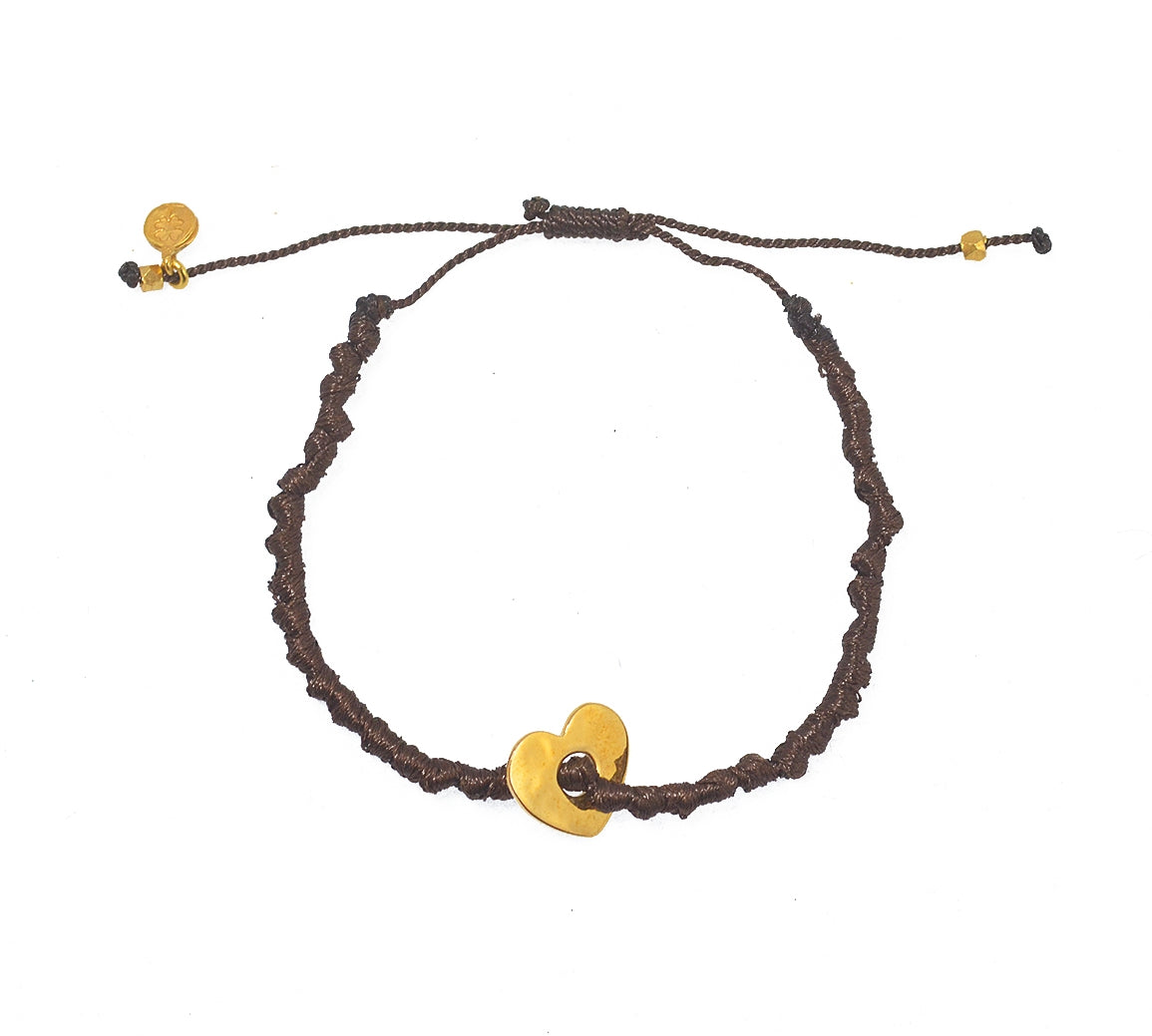 Bracelet cordon et coeur martelé - CHOCOLAT