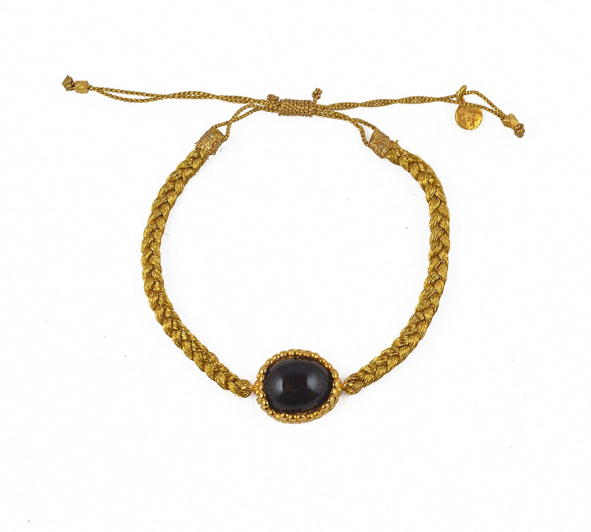 Bracelet cordon tressé doré et pierre cabochon - ONYX NOIRE