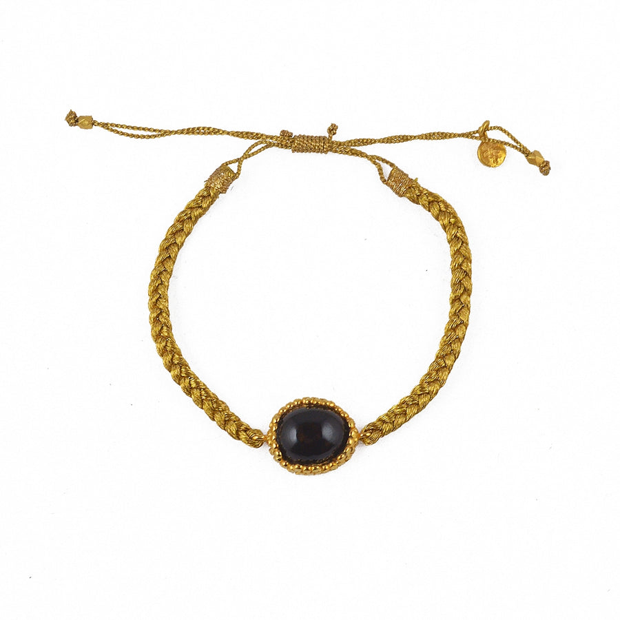 Bracelet cordon tressé doré et pierre cabochon - ONYX NOIRE