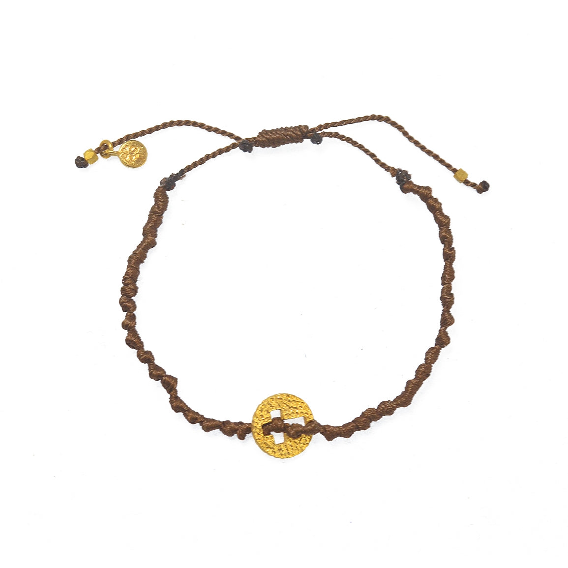 Bracelet cordon et croix martelée - CHOCOLAT