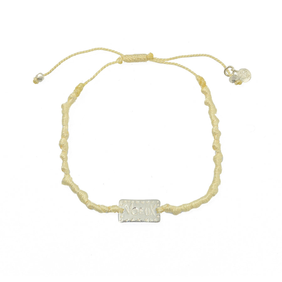 Bracelet cordon plaque Wish / Voeux en argent 925 - BEIGE