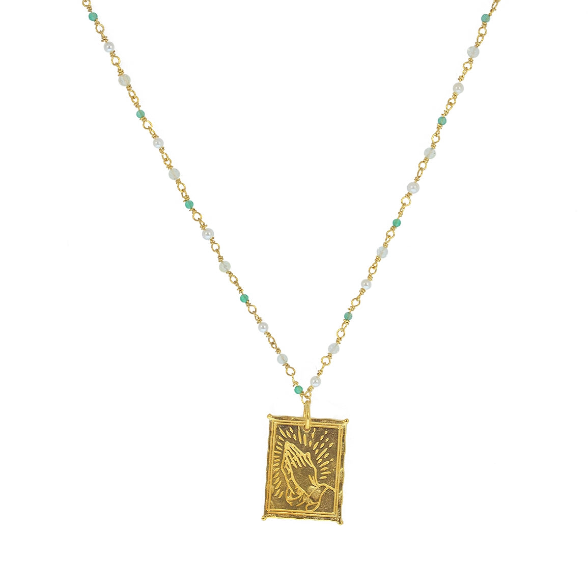 Sautoir doré pierres et plaque mains - ONYX VERTE - PREHNITE