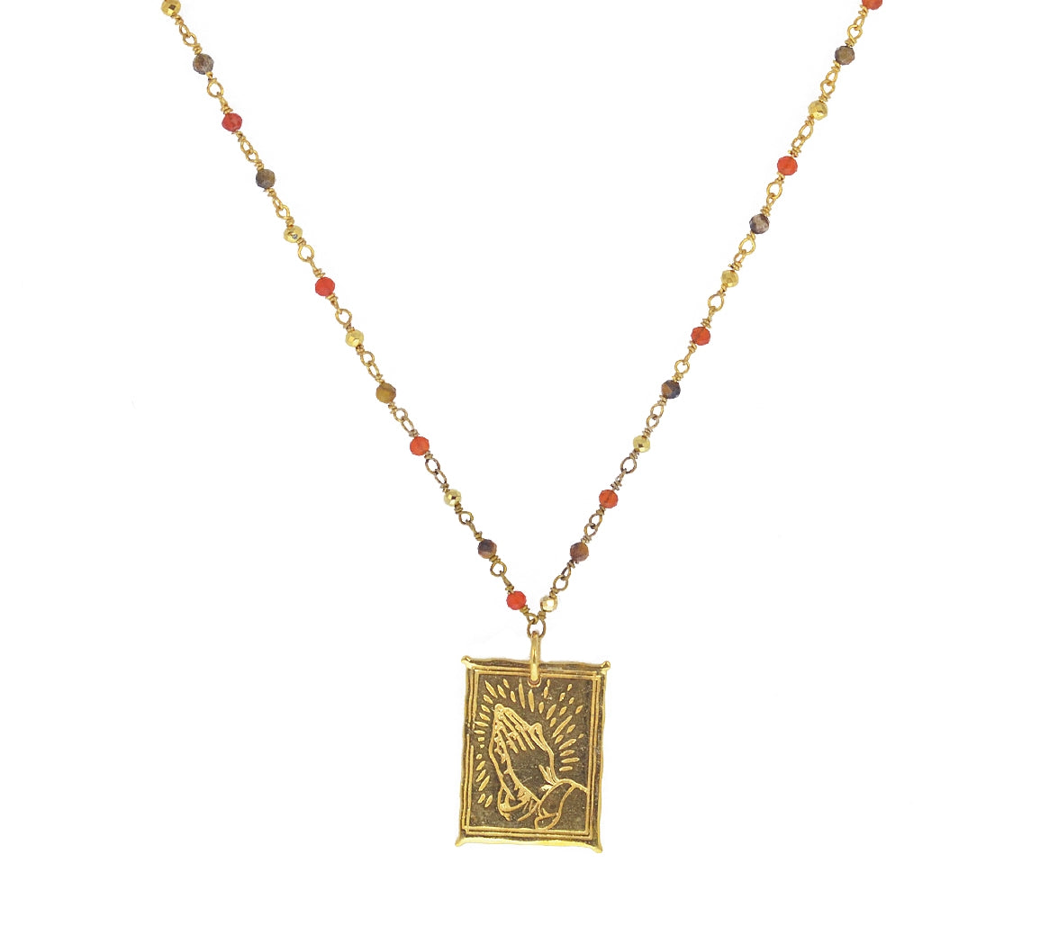 Sautoir doré pierres et plaque mains - ONYX ROUGE - OEIL DE