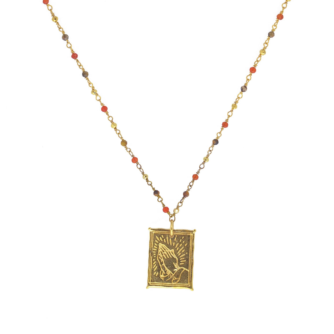 Sautoir doré pierres et plaque mains - ONYX ROUGE - OEIL DE