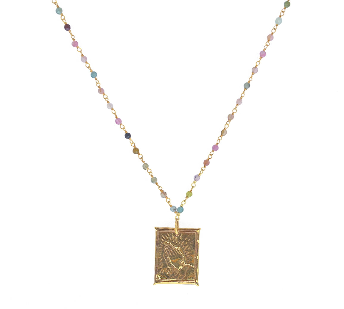 Sautoir doré pierres et plaque mains - TOURMALINE