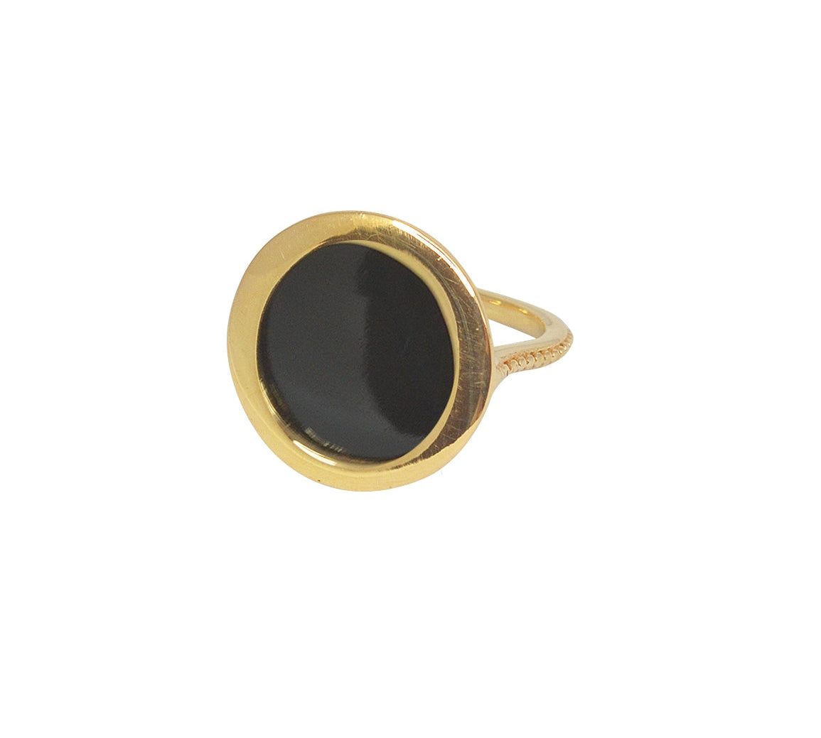 Bague dorée pierre ronde plate - 56 / ONYX NOIRE