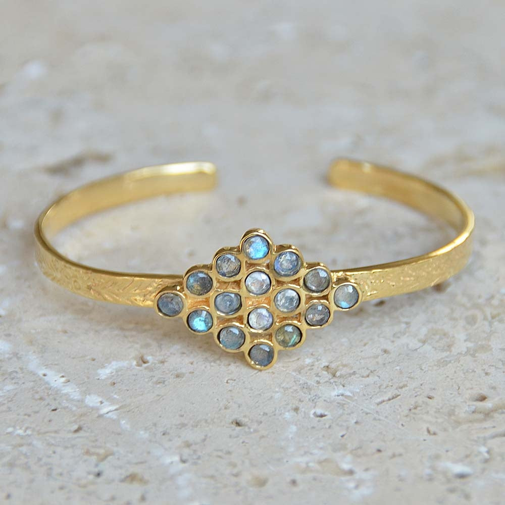 Jonc doré texturé losange de pierres - LABRADORITE & PIERRE