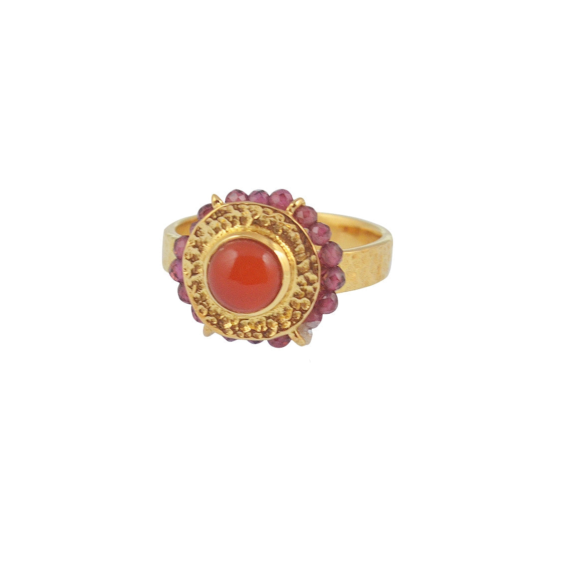 Bague dorée martelée fleur cabochon et petites pierres - 50