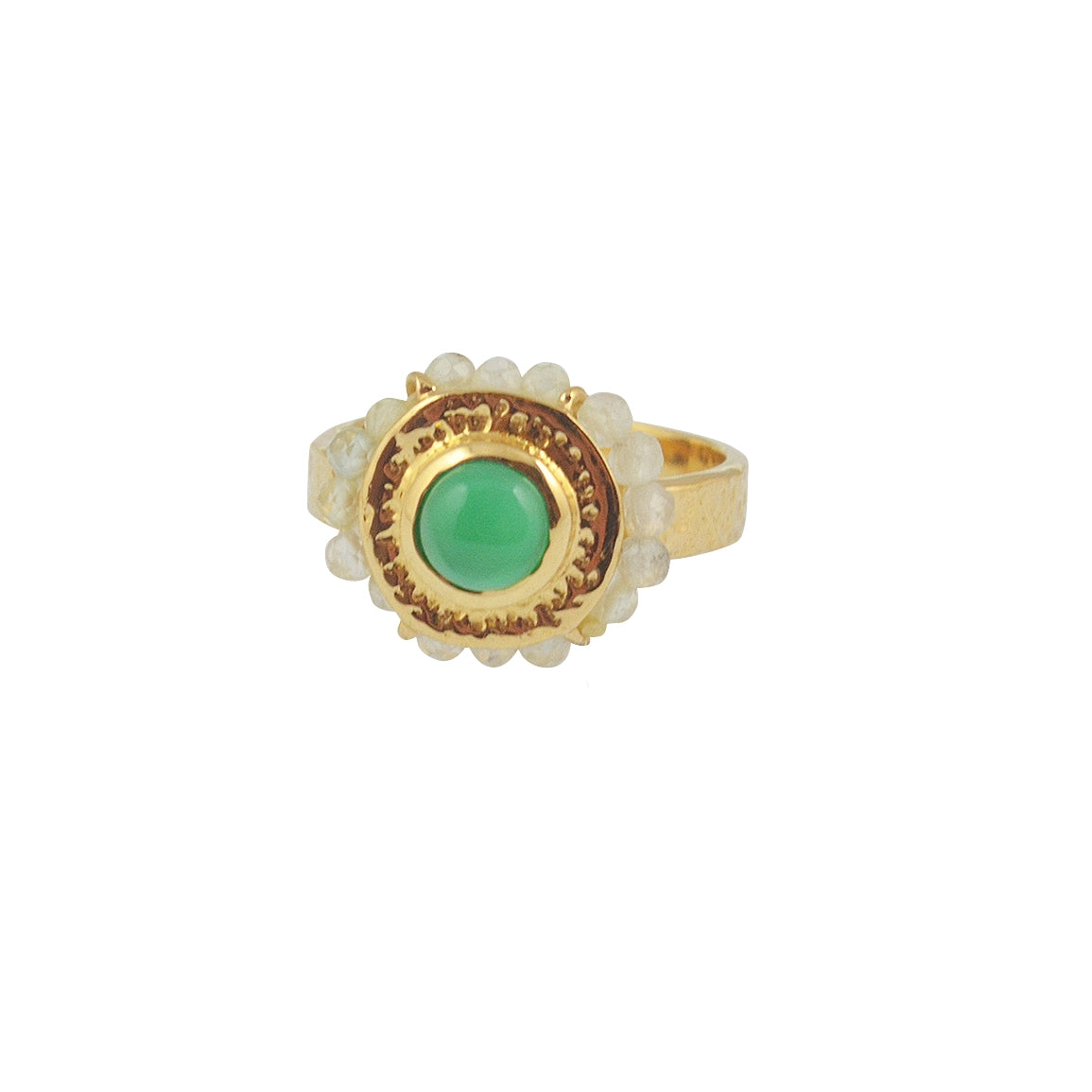 Bague dorée martelée fleur cabochon et petites pierres - 50