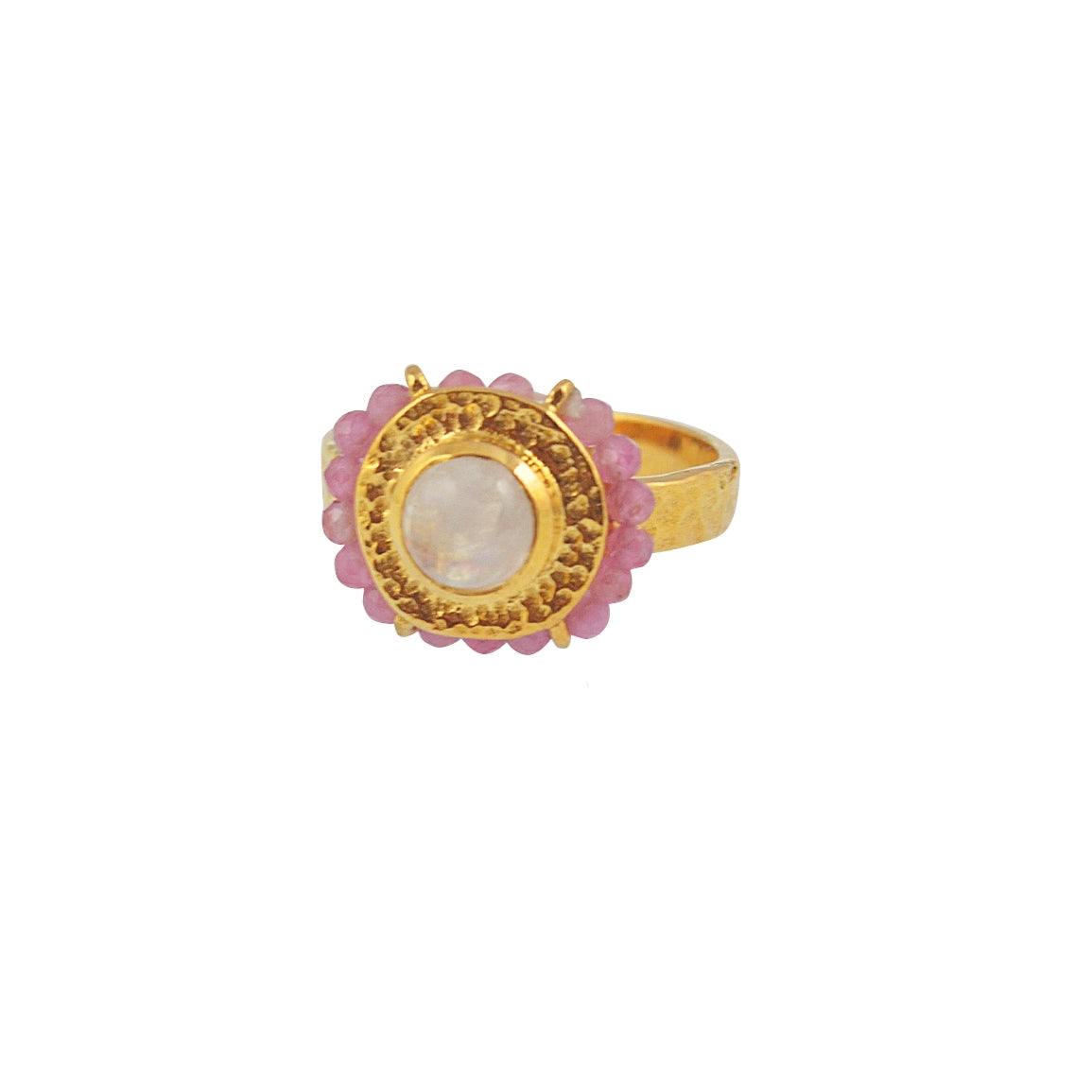 Bague dorée martelée fleur cabochon et petites pierres - 50