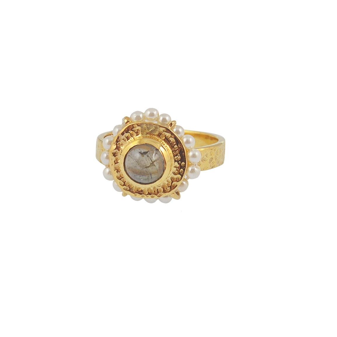 Bague dorée martelée fleur cabochon et petites pierres - 50