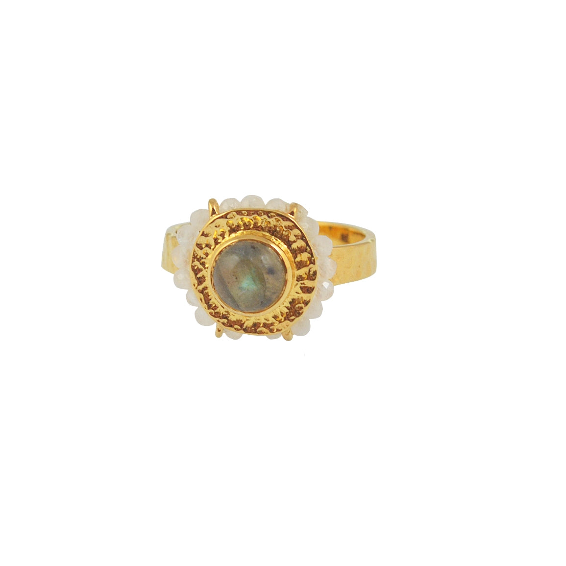 Bague dorée martelée fleur cabochon et petites pierres - 50