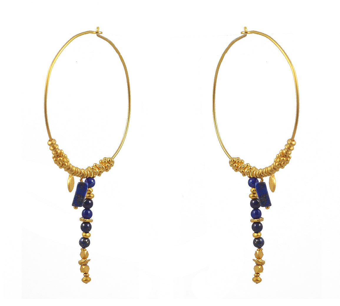 XL gold hoop earrings with chain and stone tassel