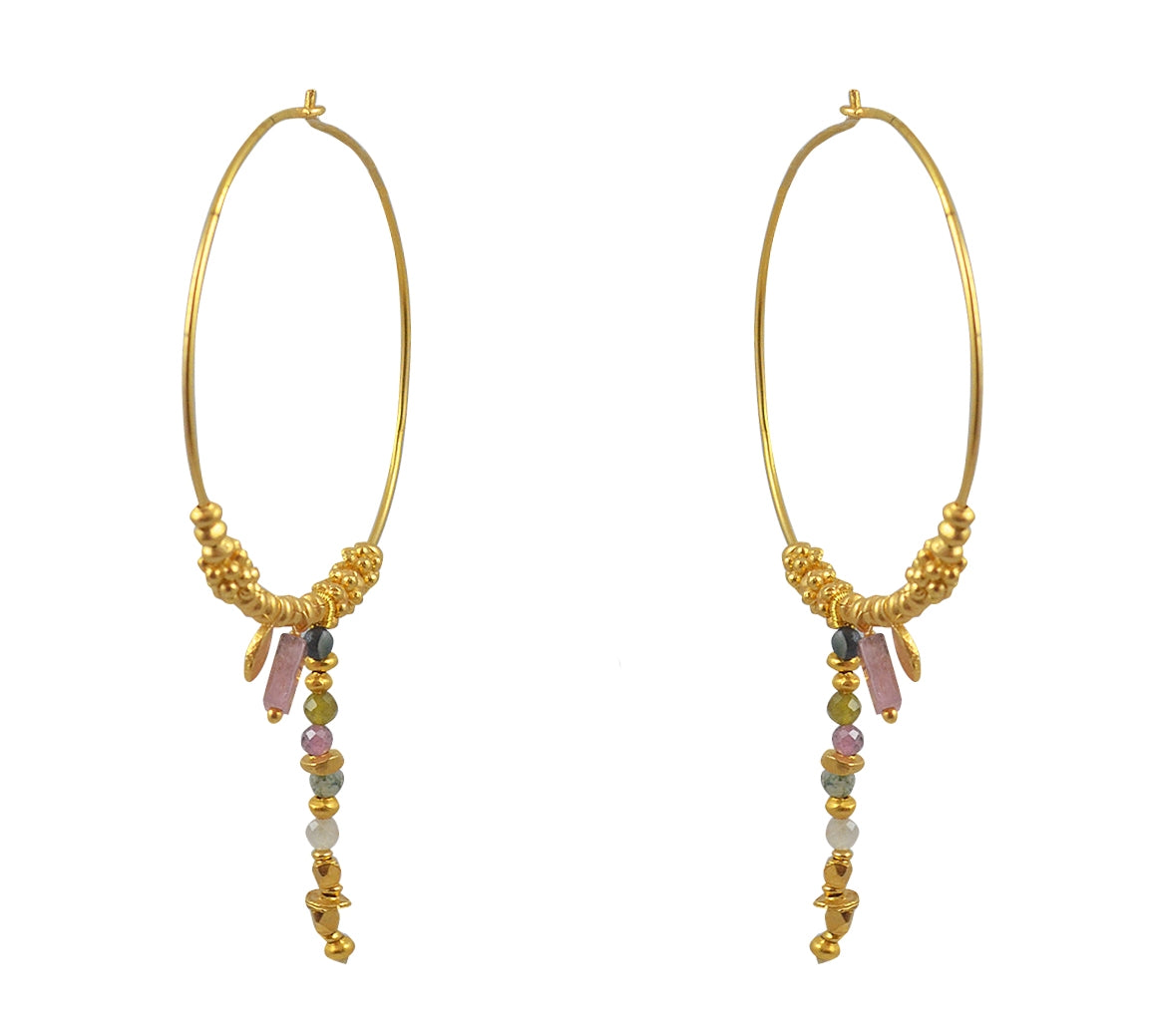 XL gold hoop earrings with chain and stone tassel