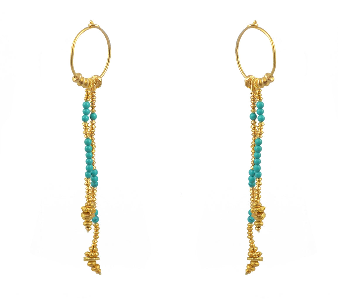 Mini créoles dorées longues chaines et pierres - TURQUOISE