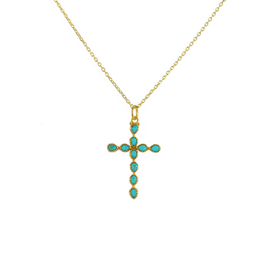 Collier doré croix et pierres gouttes - TURQUOISE