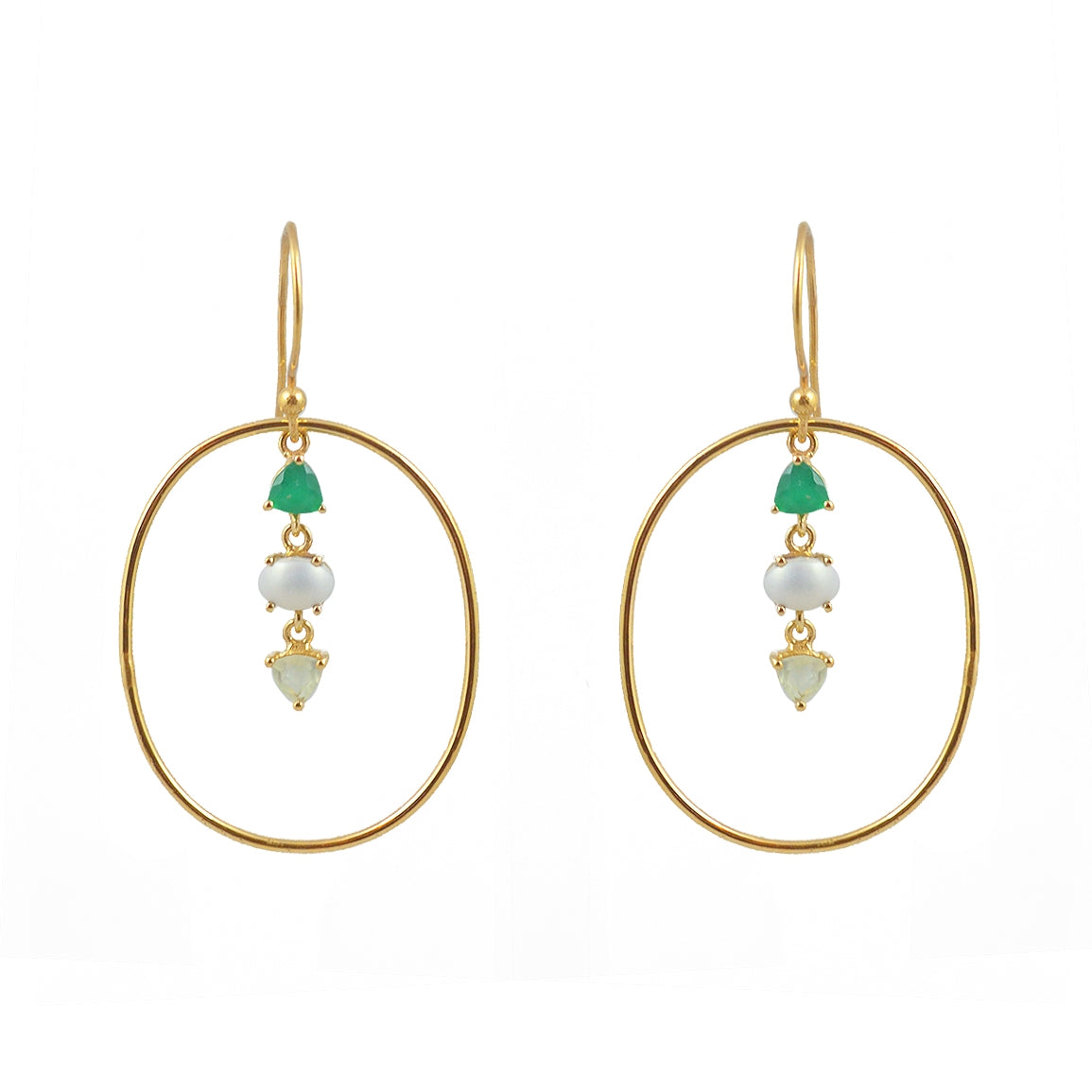 Boucles dorées anneau et multi pierres - ONYX VERTE - PERLE