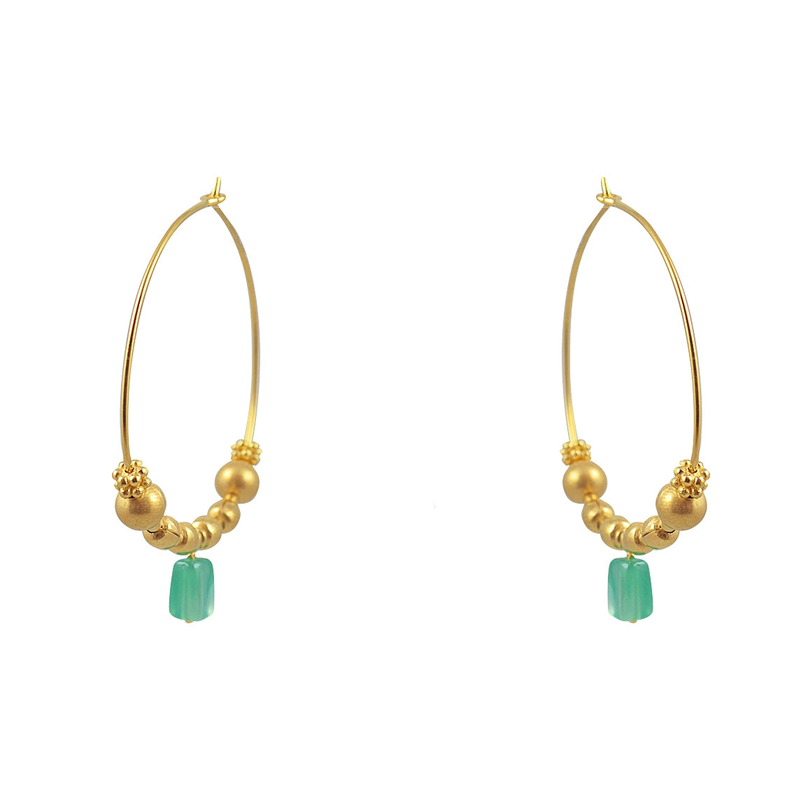 Créoles XL dorées boules et pierres - ONYX VERTE - boucles