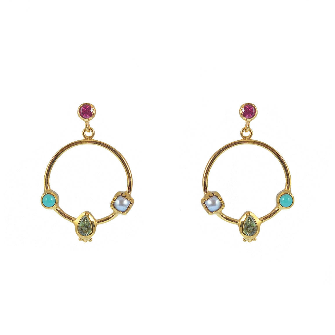 Boucles dorées anneau multi pierres - TURQUOISE - TOURMALINE