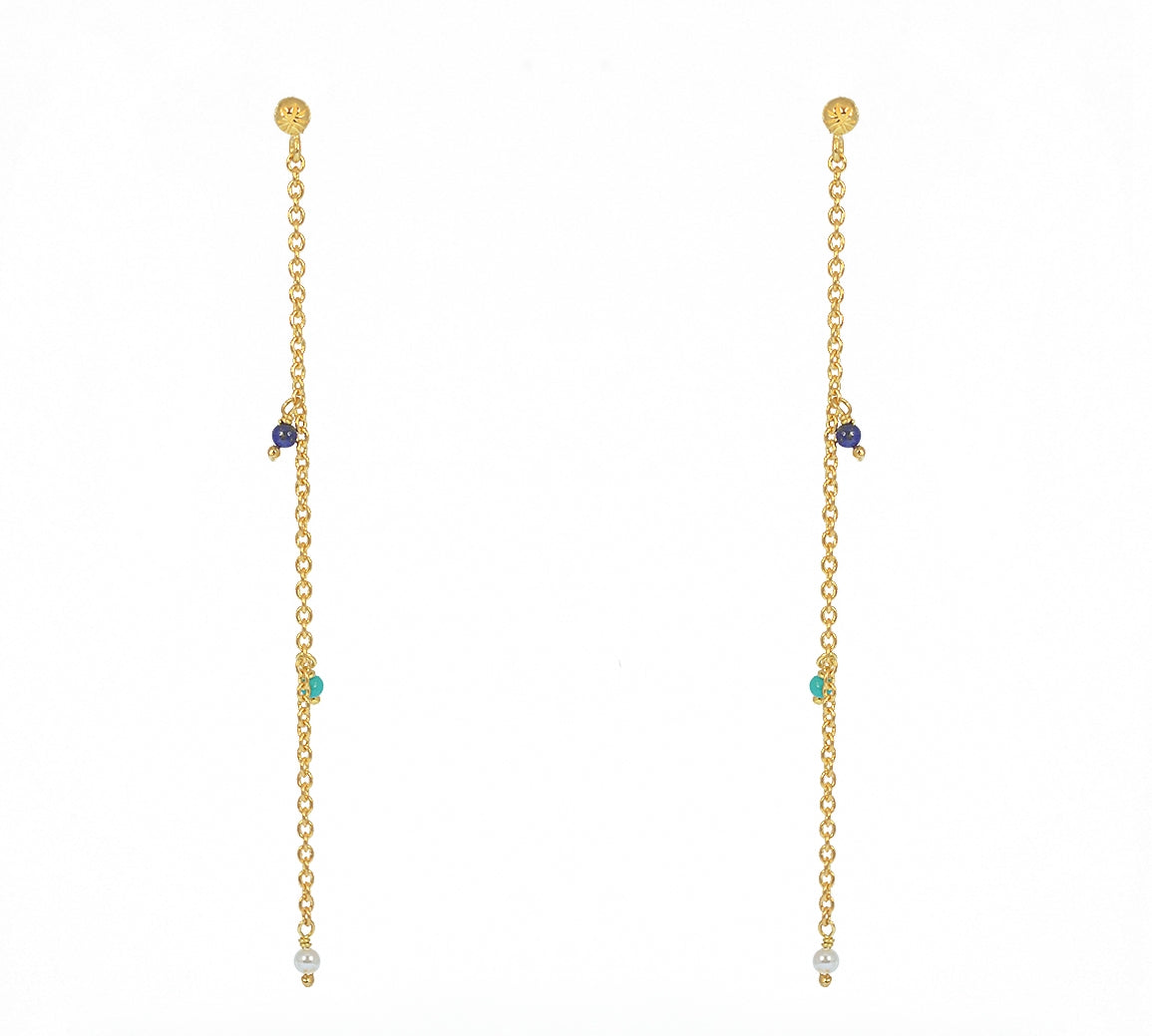 Boucles dorées chaine et pierres - LAPIS - TURQUOISE - PERLE