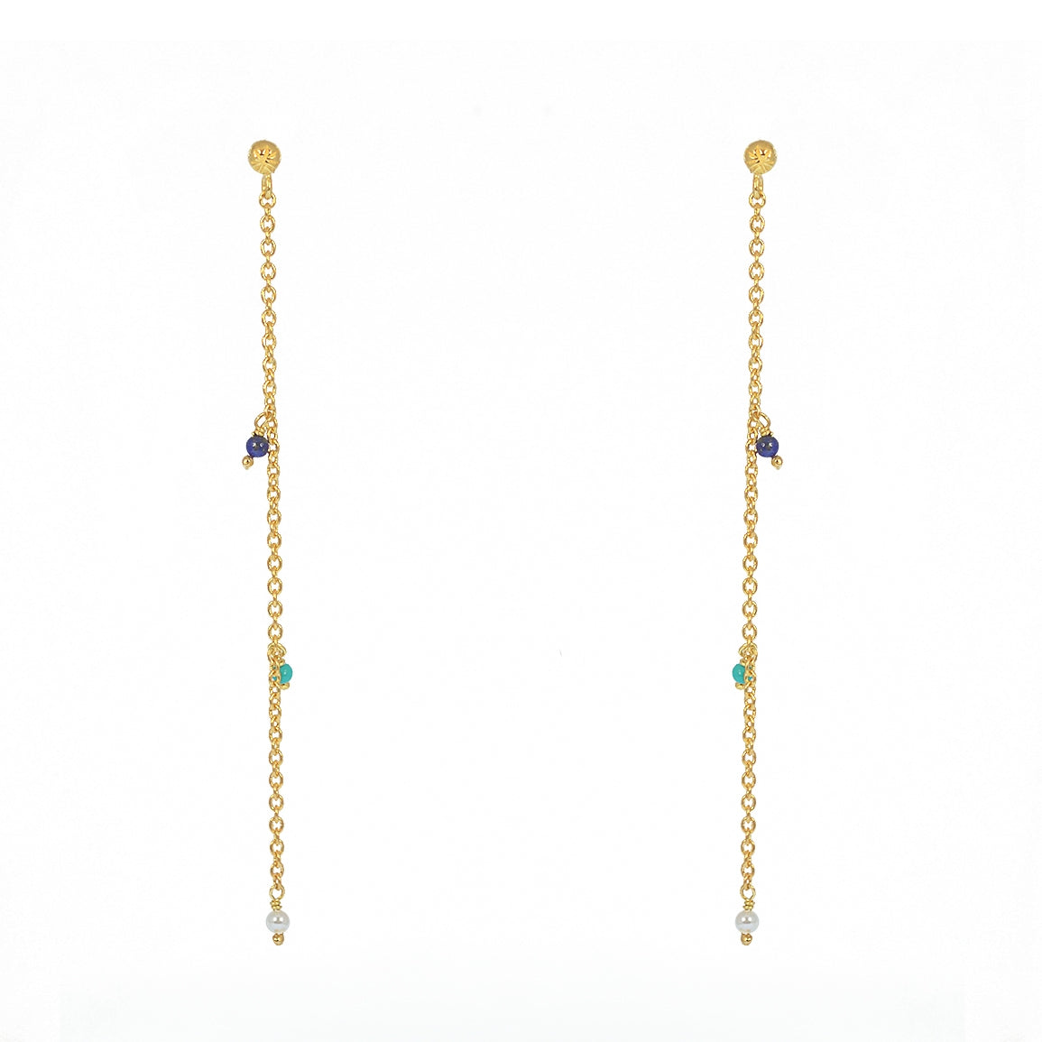 Boucles dorées chaine et pierres - LAPIS - TURQUOISE - PERLE